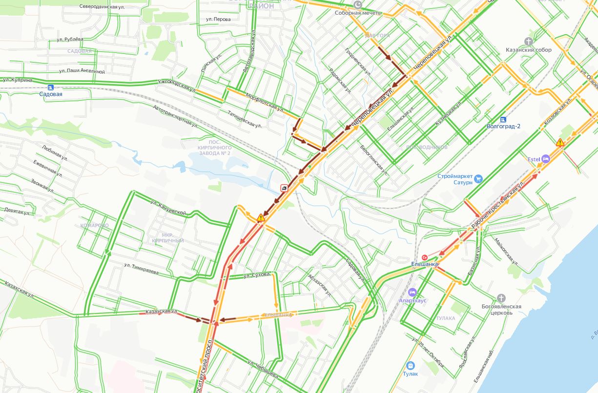 Волгоград пробки на дорогах. Юг Волгограда на карте.